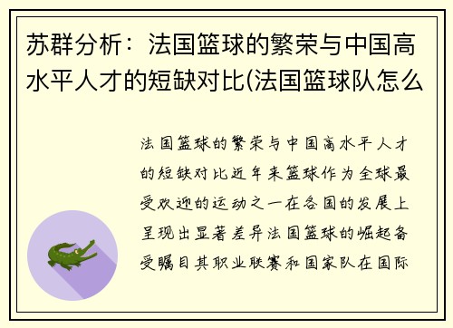 苏群分析：法国篮球的繁荣与中国高水平人才的短缺对比(法国篮球队怎么样)