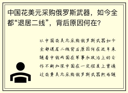 中国花美元采购俄罗斯武器，如今全都“退居二线”，背后原因何在？