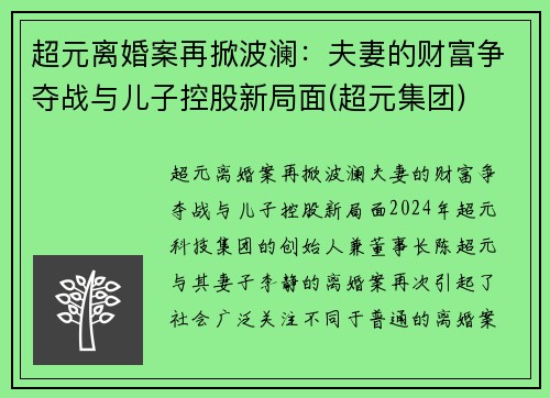 超元离婚案再掀波澜：夫妻的财富争夺战与儿子控股新局面(超元集团)